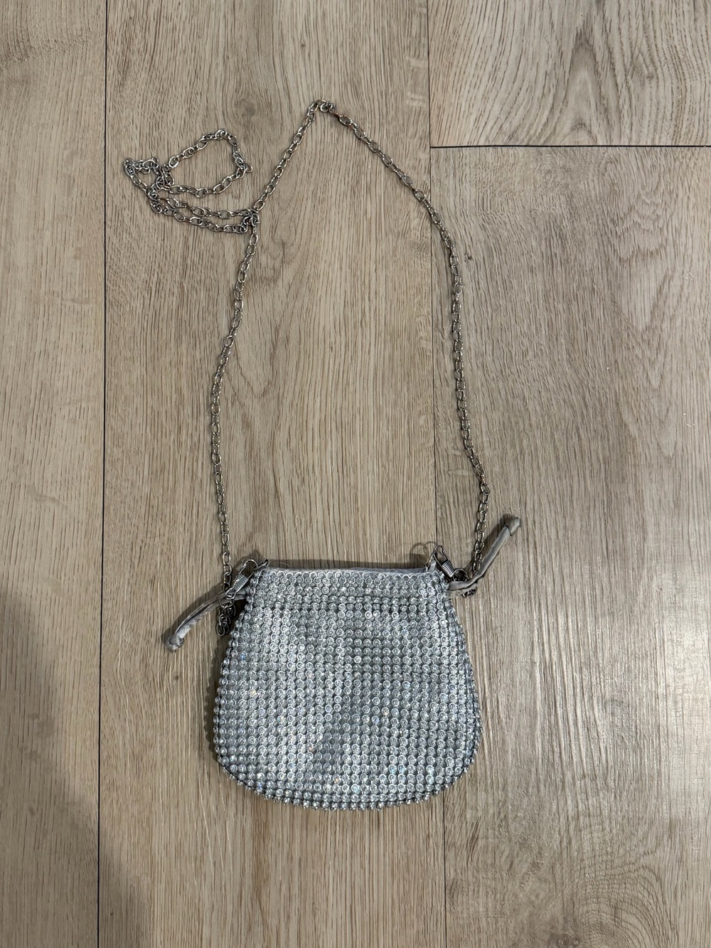 Urban Outfitters Micro Mini Silver Rhinestone Mesh Bag with Chain Strap